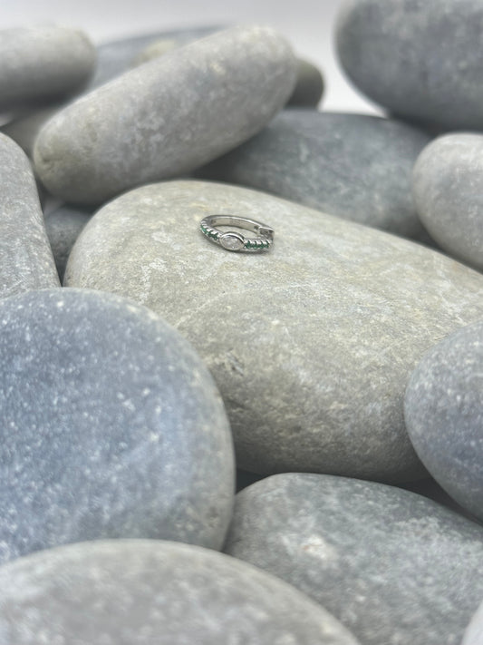 Platinum Plated Oval Huggie Hoop with Green Stone