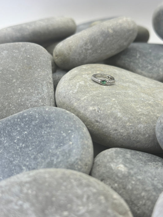 Platinum Plated Pear Huggie Hoop with Green Stone